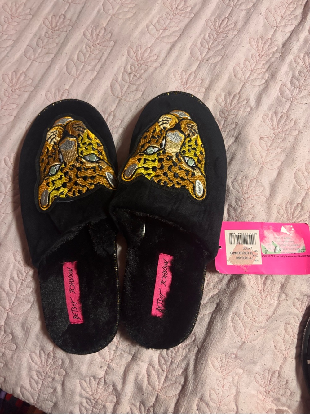 Betsey Johnson Black Slippers with Gold Leopard Embroidery